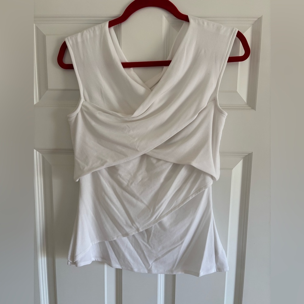 🟢THEORY. White cross cross draped tank. 
Size Large.